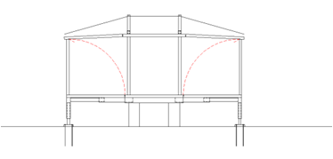 Fig. 09 The wall panels are raised and thus the mobile roof is supported on the facade panels which distribute the load to the lower hydraulic system.